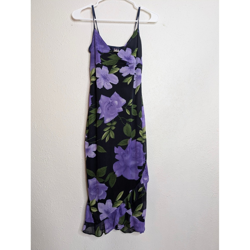 Womens Floral Midi Dress Size M Purple Black Ruffle Hem Vintage 90s Fairy Y2K